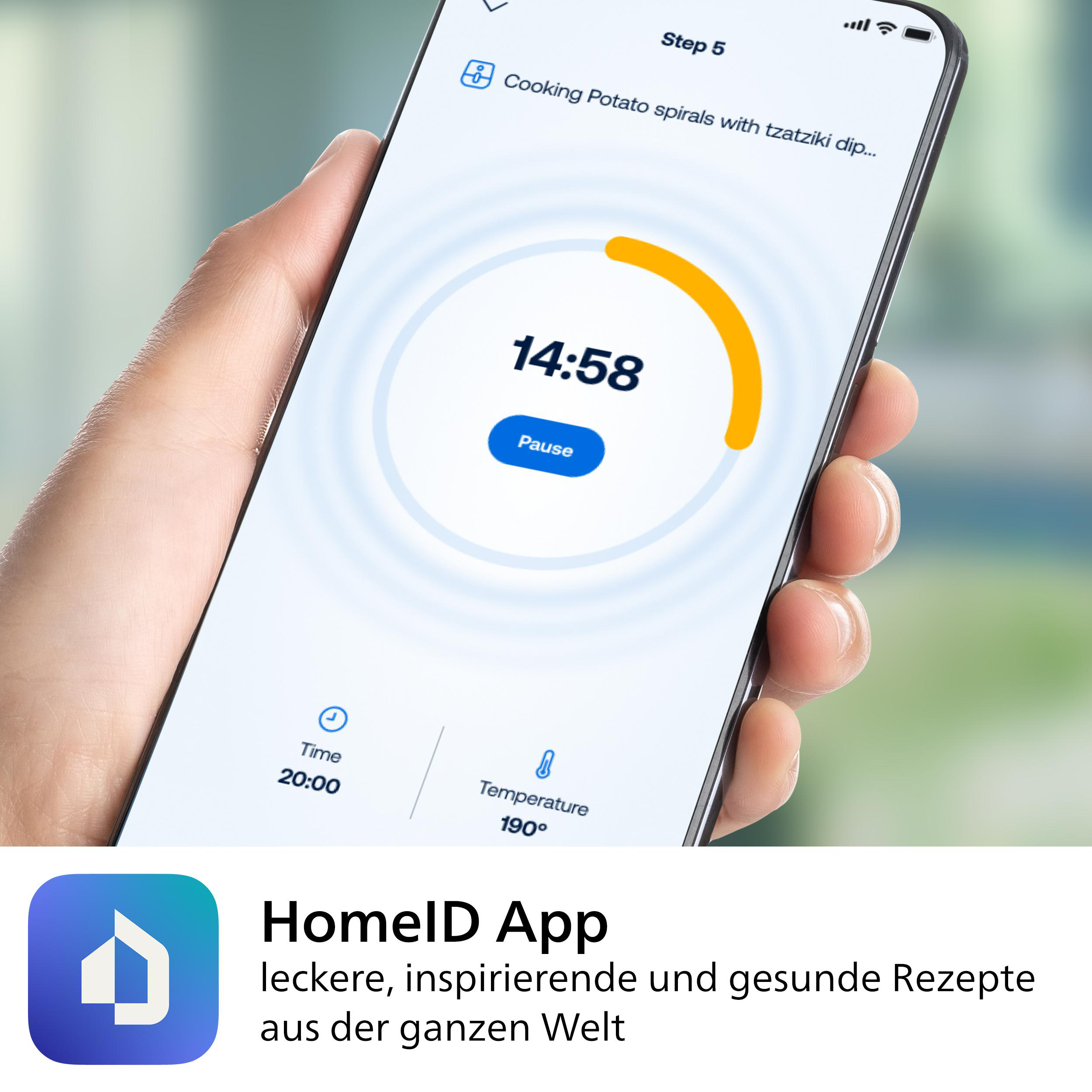 Person hält Smartphone mit App, die die Zeit und Temperatur für das Kochen von Kartoffelspiralen zeigt.