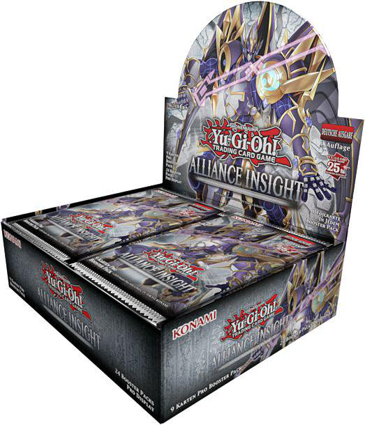 Eine Yu-Gi-Oh!-Sammelkartenschachtel mit einem Anime-Charakter-Design. Enthält 24 Booster-Packs und 9 Karten pro Pack.