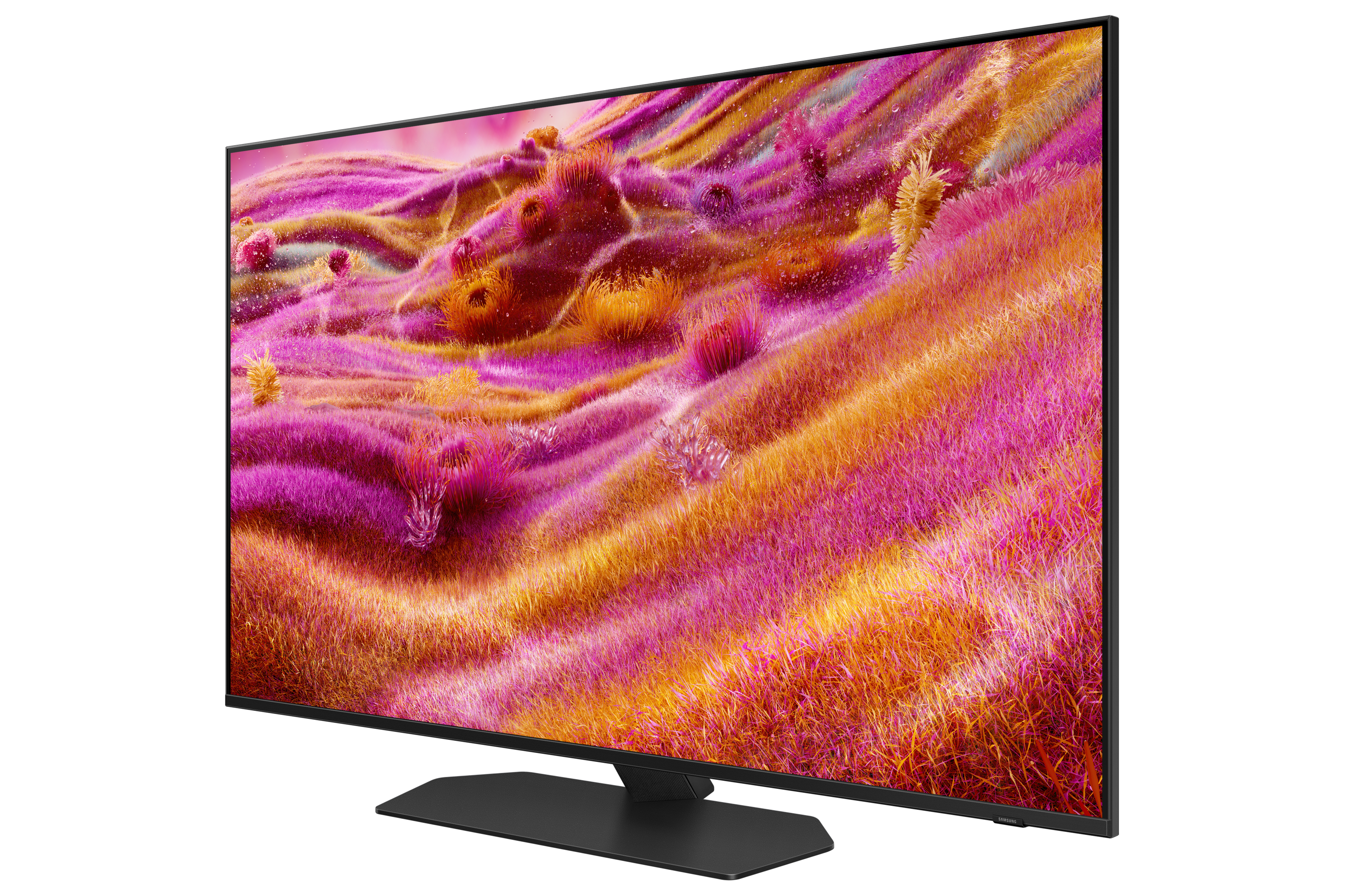 Ein großer Fernseher mit einem farbenfrohen, abstrakten Bild. Der Fernseher steht auf einem schwarzen Ständer.