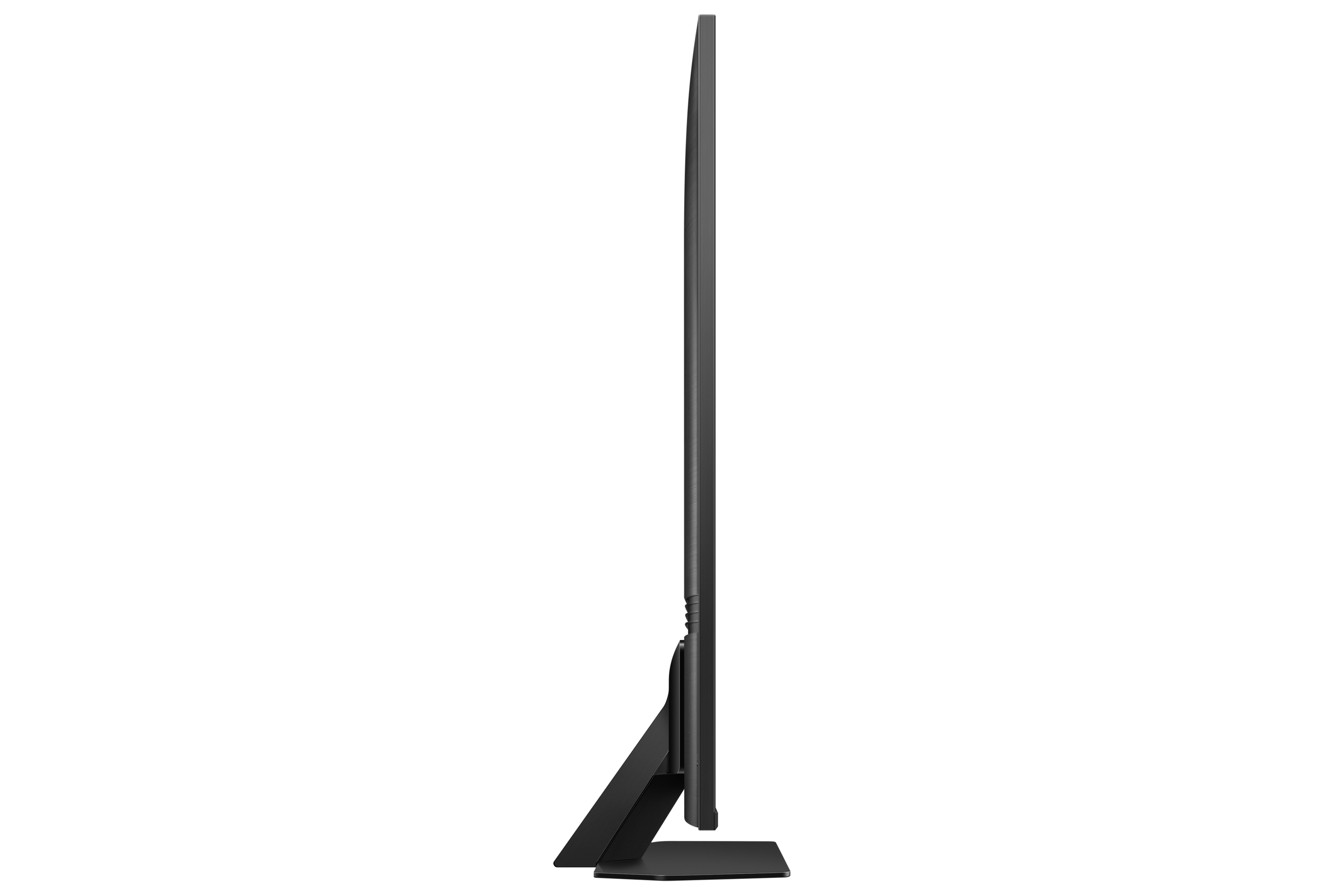 Ein großer Fernseher von der Seite. Der Fernseher ist schwarz und steht auf einem schwarzen Ständer.