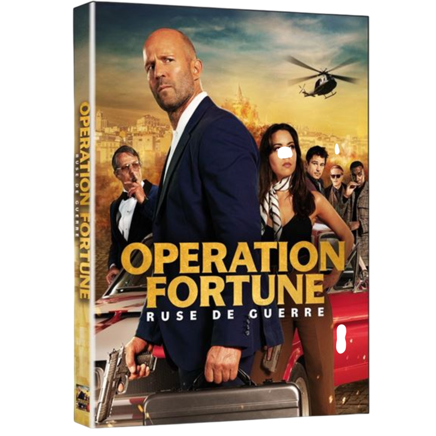 DVD-hoes van de film 'Operation Fortune: Ruse de Guerre'. Jason Statham en anderen staan voor een rode auto.