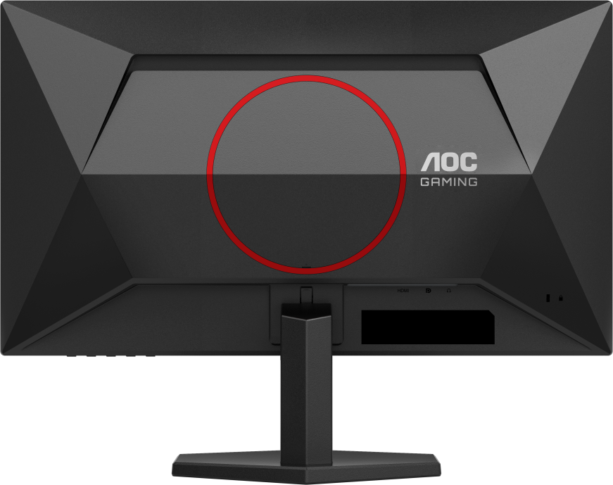 Egy fekete AOC Gaming monitor hátulja, egy piros körrel.