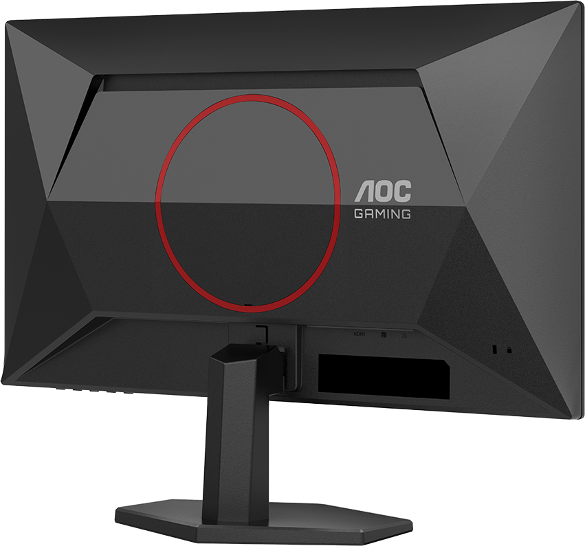Egy fekete AOC Gaming monitor hátulja, egy piros körrel.