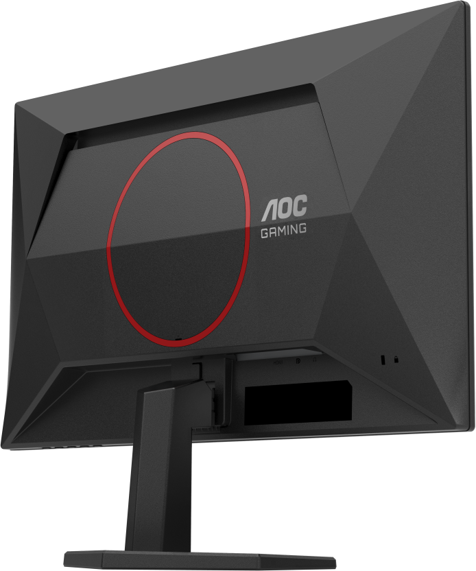 Egy fekete AOC Gaming monitor hátulja, egy piros körrel.