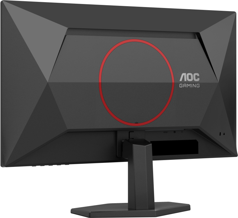 Egy fekete AOC Gaming monitor hátulja, egy piros körrel.