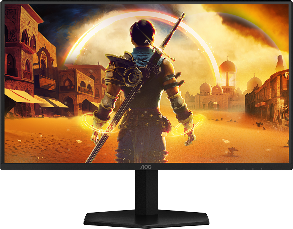 AOC Gaming monitor a háttérben egy játékkal. A monitornak fekete kerete van.