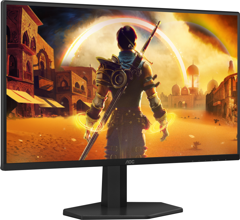 Egy monitor egy fantasy jelenetet mutat kardforgatóval egy város háttér előtt, alul az AOC logóval.