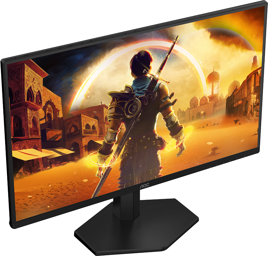 A monitor egy fantasy jelenetet mutat kardforgatóval, város a háttérben, AOC logóval, enyhén ferdén.