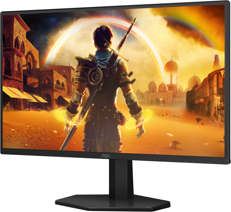A monitor fantasy jelenetet mutat kardforgatóval, város a háttérben, AOC logóval, fekete kerettel.