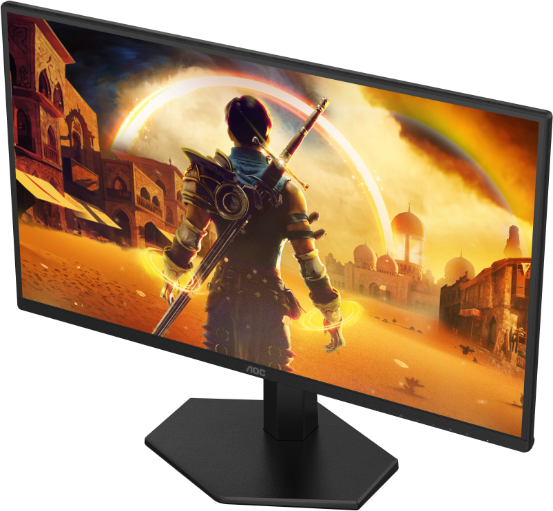A monitor egy fantasy jelenetet mutat kardforgatóval, város a háttérben, AOC logóval, enyhén ferdén.