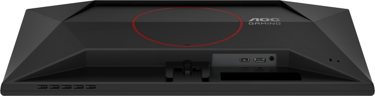 Egy fekete gamer monitor hátulja piros körrel és AOC Gaming logóval. Portok és tartó is található rajta.