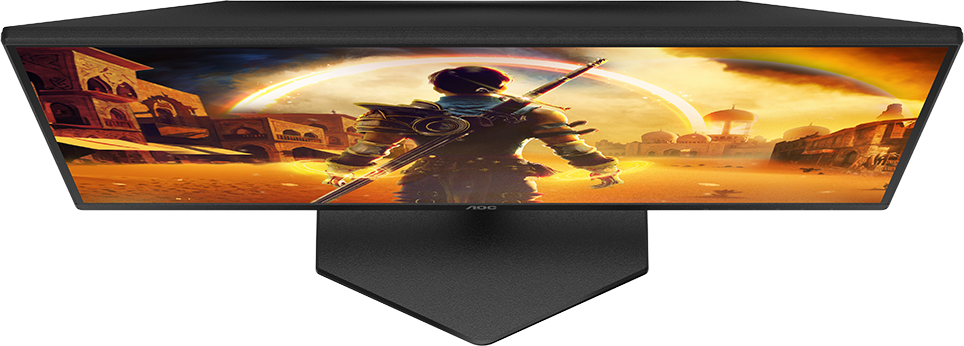 Felülnézet egy monitorról, fantasy jelenet, kardforgató, város, AOC logó, fekete keret.