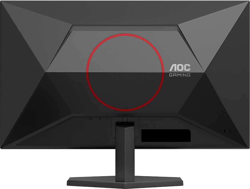 Fekete AOC gaming monitor hátulja piros körrel, csatlakozókkal és állvánnyal.