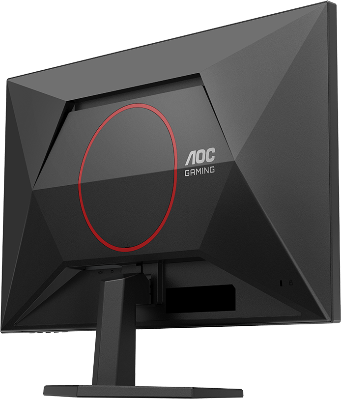 Egy fekete AOC gaming monitor hátulról, piros körrel, csatlakozókkal és állvánnyal.
