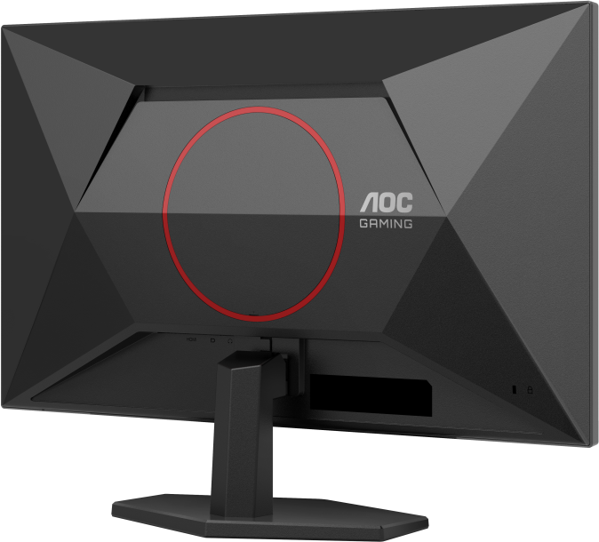 Oldalnézet egy fekete AOC gaming monitorról, piros körrel, csatlakozókkal és állvánnyal.