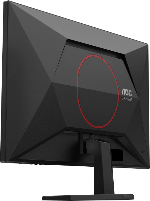Oldalnézet a fekete AOC gaming monitorról, piros kör, csatlakozók, állvány.