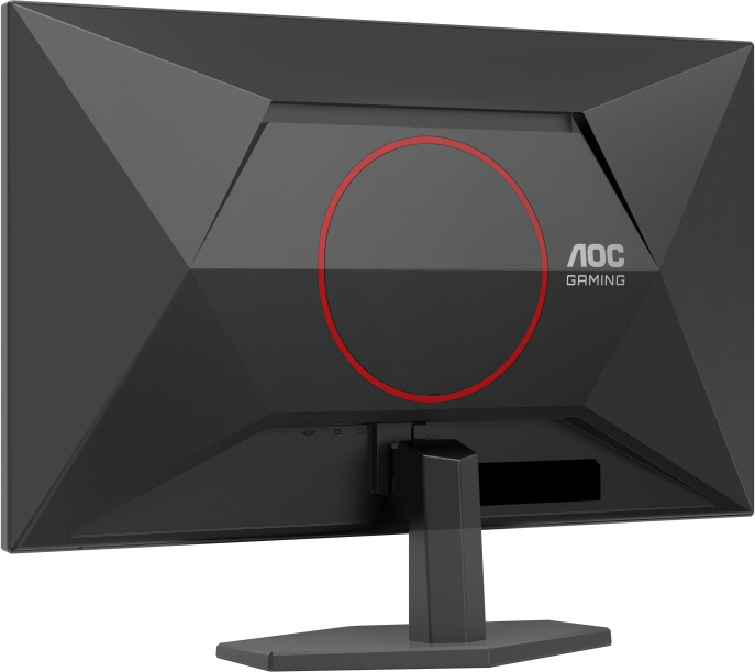 Egy fekete AOC gaming monitor hátulról. Egy piros kör veszi körül az AOC logót. Az állvány alul van rögzítve.