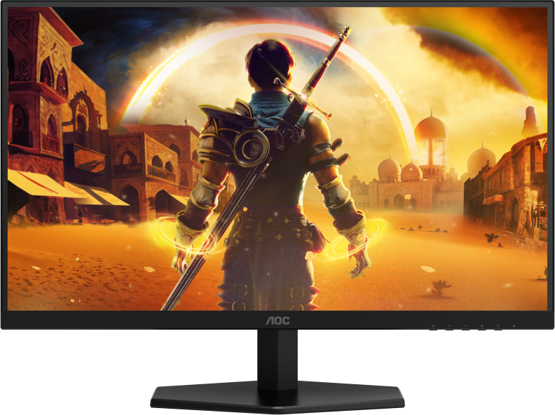 Egy AOC monitor egy fantasy játékot jelenít meg. Egy karddal rendelkező harcos egy város előtt áll. Szivárvány látható a háttérben.