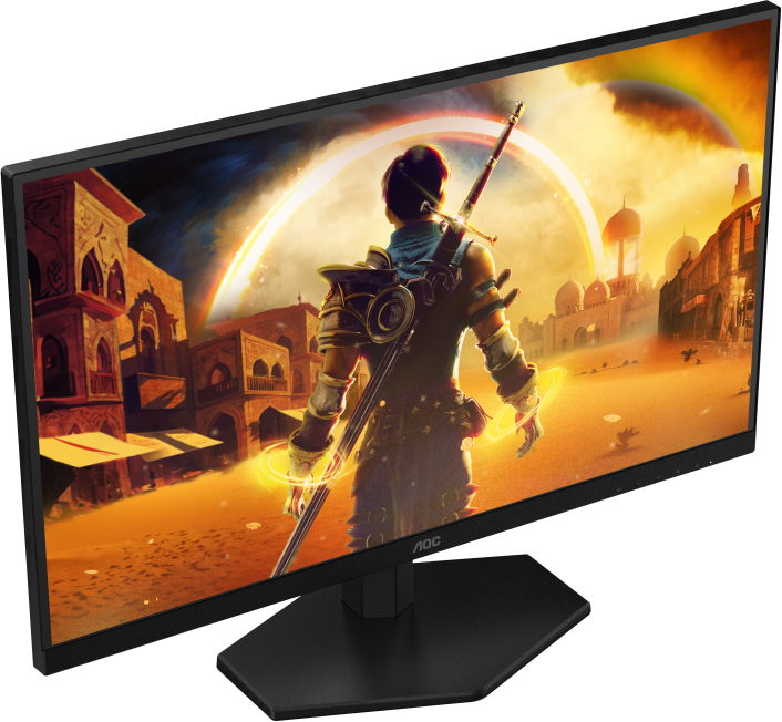 Egy AOC monitor egy fantasy játékot jelenít meg. Egy karddal rendelkező harcos egy város előtt áll. Szivárvány látható a háttérben.