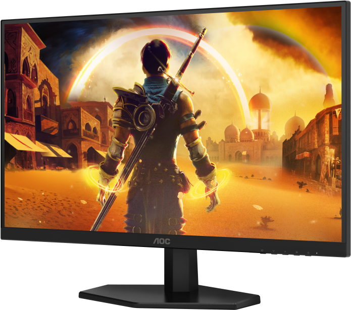 Egy AOC monitor egy fantasy játékot jelenít meg. Egy karddal rendelkező harcos egy város előtt áll. Szivárvány látható a háttérben.