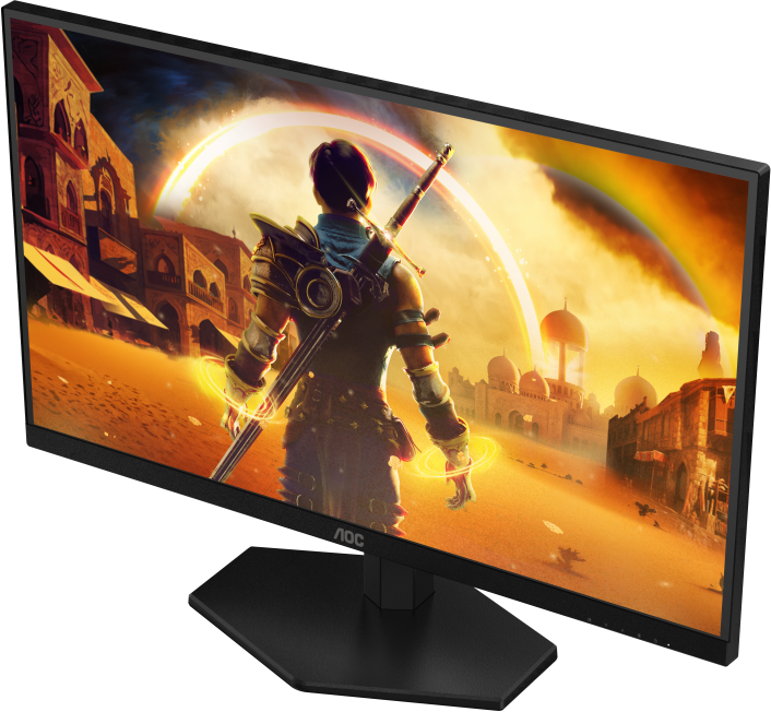 Egy AOC monitor egy fantasy játékot jelenít meg. Egy karddal rendelkező harcos egy város előtt áll. Szivárvány látható a háttérben.