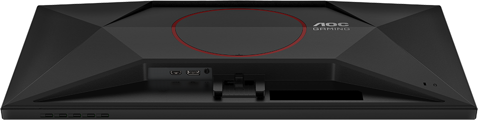 Egy fekete AOC gaming monitor hátulja. Piros kör és logó. HDMI, USB portok. Az állvány alul van rögzítve.