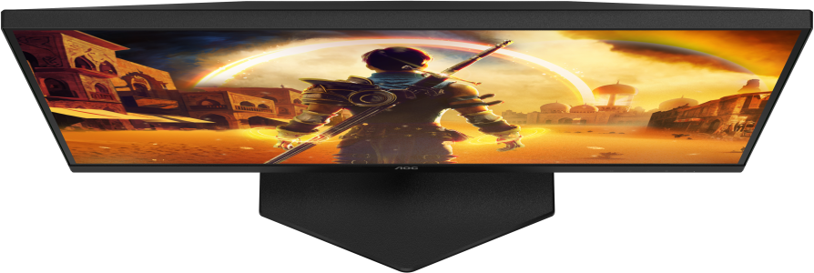 Egy AOC monitor felülnézete, egy fantasy játékkal. Az állvány alul van rögzítve. Az AOC logó látható.