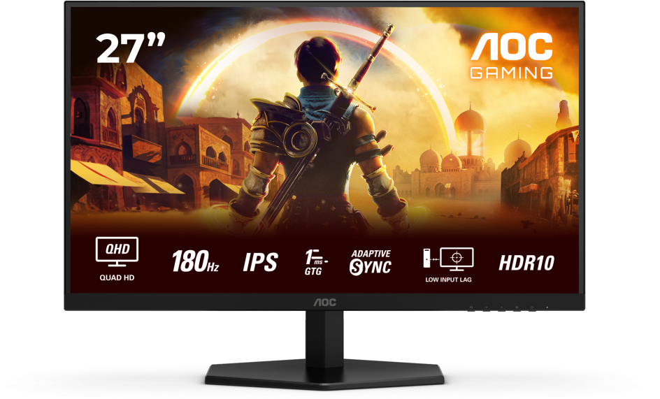 Egy AOC gaming monitor egy fantasy játékot jelenít meg. A monitor 27 colos, HDR10 funkcióval.