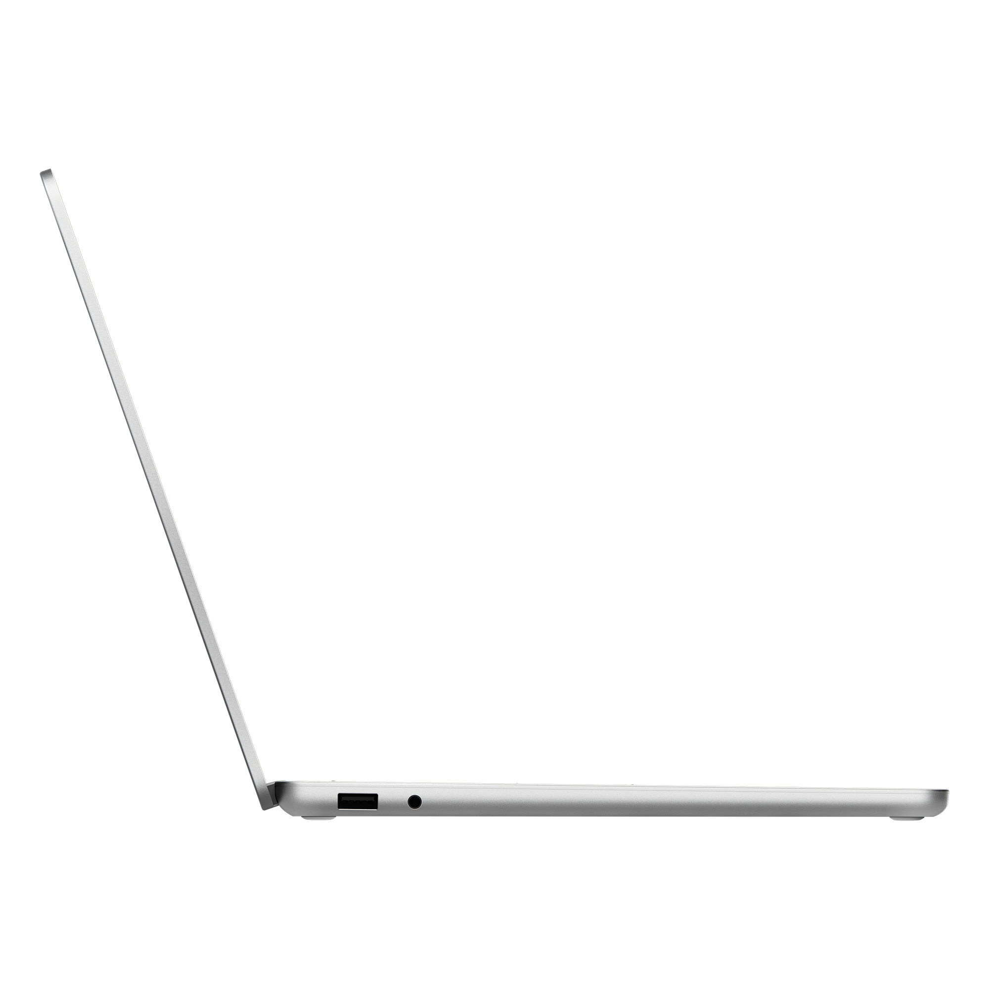 Seitenansicht eines silbernen Laptops mit leicht geöffnetem Bildschirm.