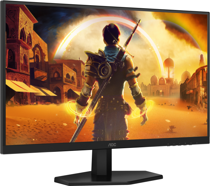 AOC monitor egy férfit mutat karddal egy fantasy jelenetben, város és szivárvány háttérrel.