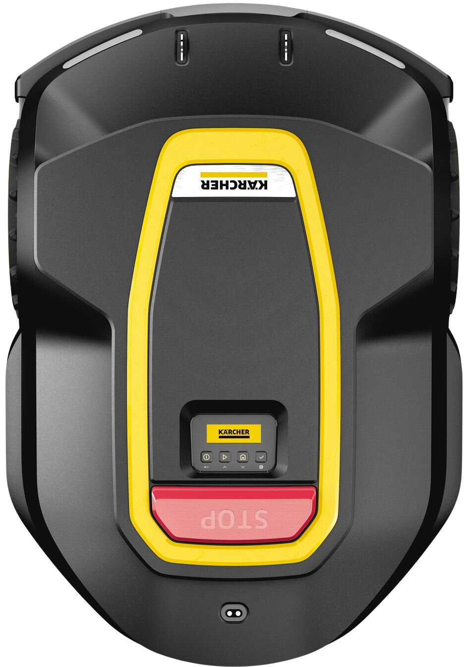 Widok z góry na kosiarkę Kärcher. Czarno-żółta, z czerwonym przyciskiem 'STOP'.