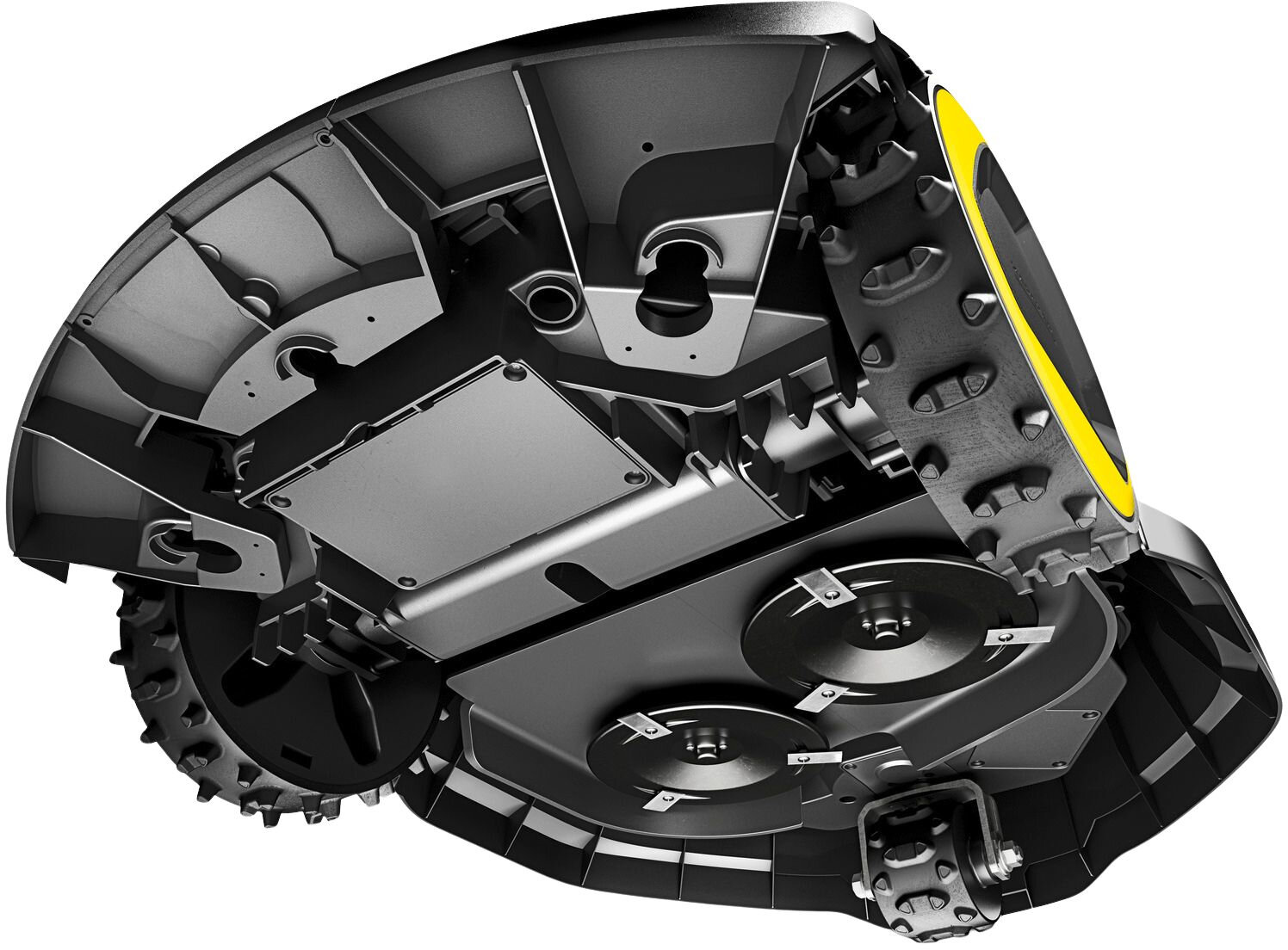 Widok od spodu na kosiarkę Kärcher. Czarno-żółta, z ostrzami i kołami.