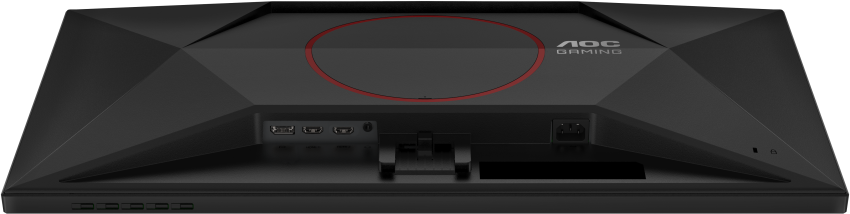 Fekete AOC gamer monitor hátulja. Piros kör, portok és logó. Tartalmaz tápcsatlakozót és állványt.