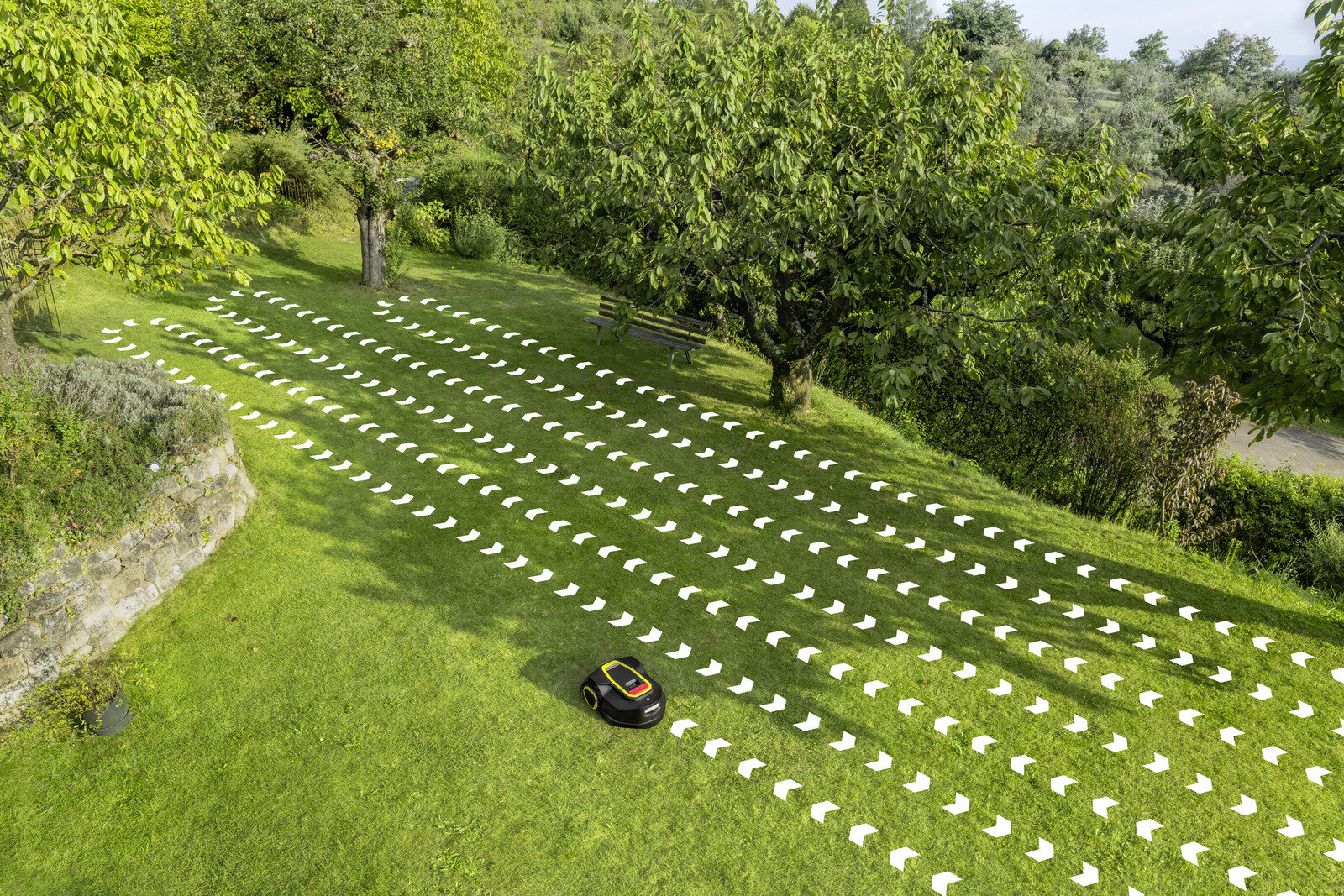 Kosiarka robotyczna na trawie z zaznaczonymi białymi strzałkami i drzewami w tle.