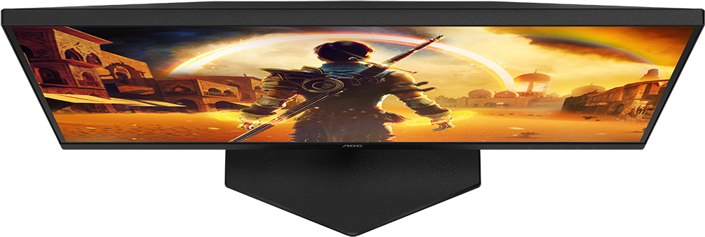AOC monitor egy férfit mutat karddal egy fantasy jelenetben, város és szivárvány háttérrel.