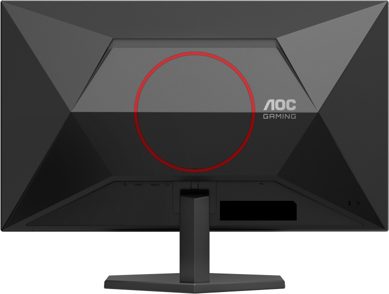 Egy fekete monitor hátulja, piros körrel és AOC Gaming logóval. A portok alul.