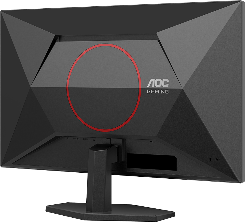 Egy fekete monitor hátulja, piros körrel és AOC Gaming logóval. A portok alul.