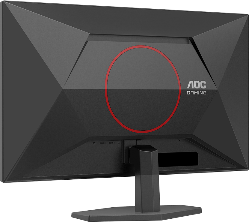 Egy fekete monitor hátulja, piros körrel és AOC Gaming logóval. A portok alul.