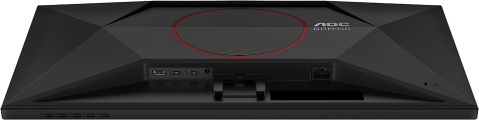 Fekete monitor hátulja csatlakozókkal, AOC Gaming logóval.