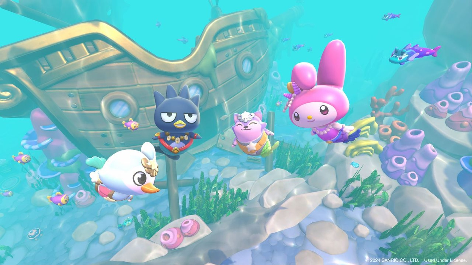 Des personnages de dessins animés nagent dans la mer. Un navire est visible en arrière-plan.