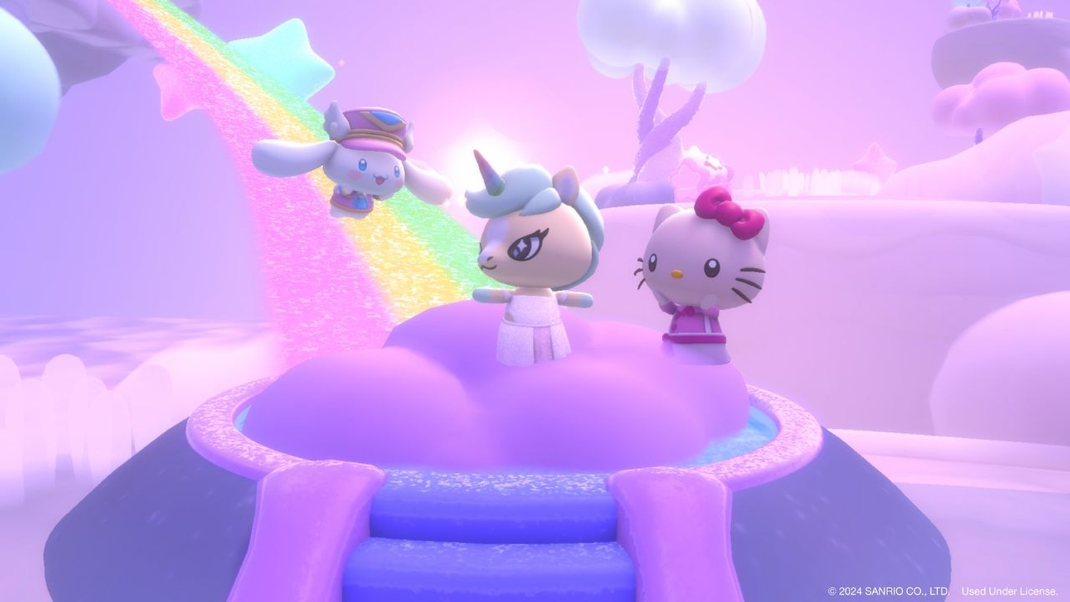 Personnages de dessins animés sur un nuage avec un arc-en-ciel. Une licorne est également visible.