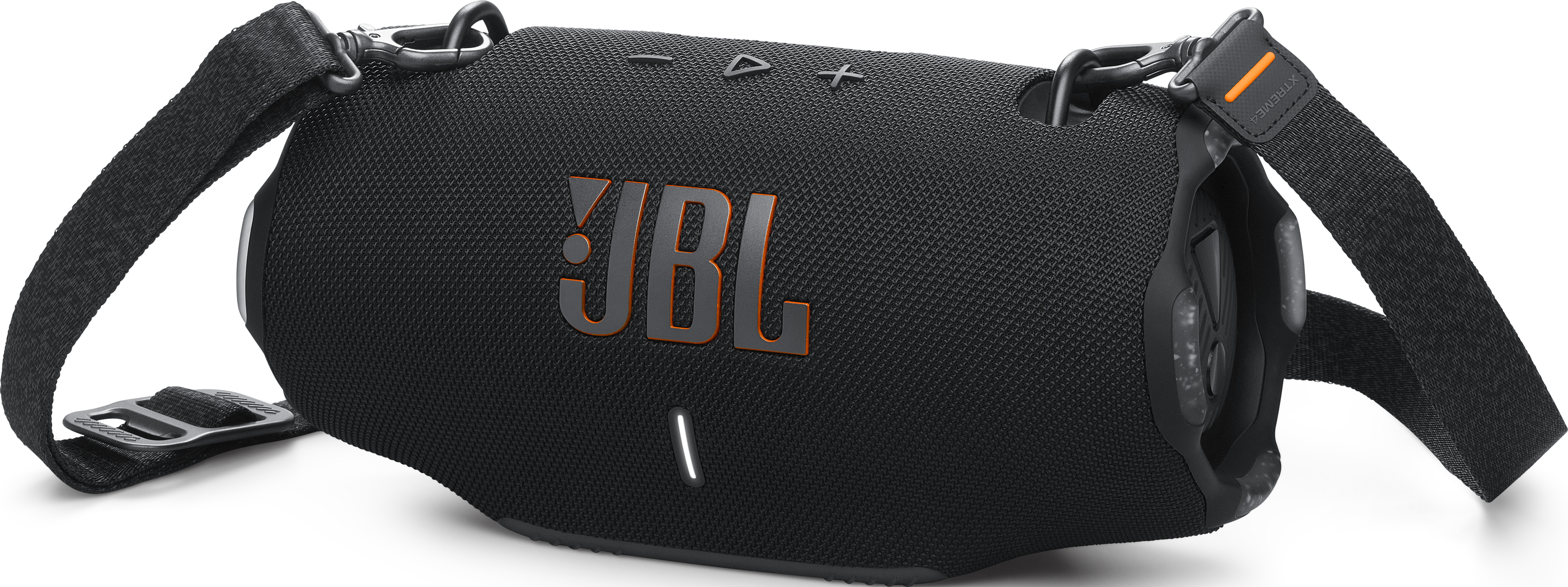 Altoparlante JBL nero, primo piano. Logo arancione, controlli e attacchi per la tracolla.