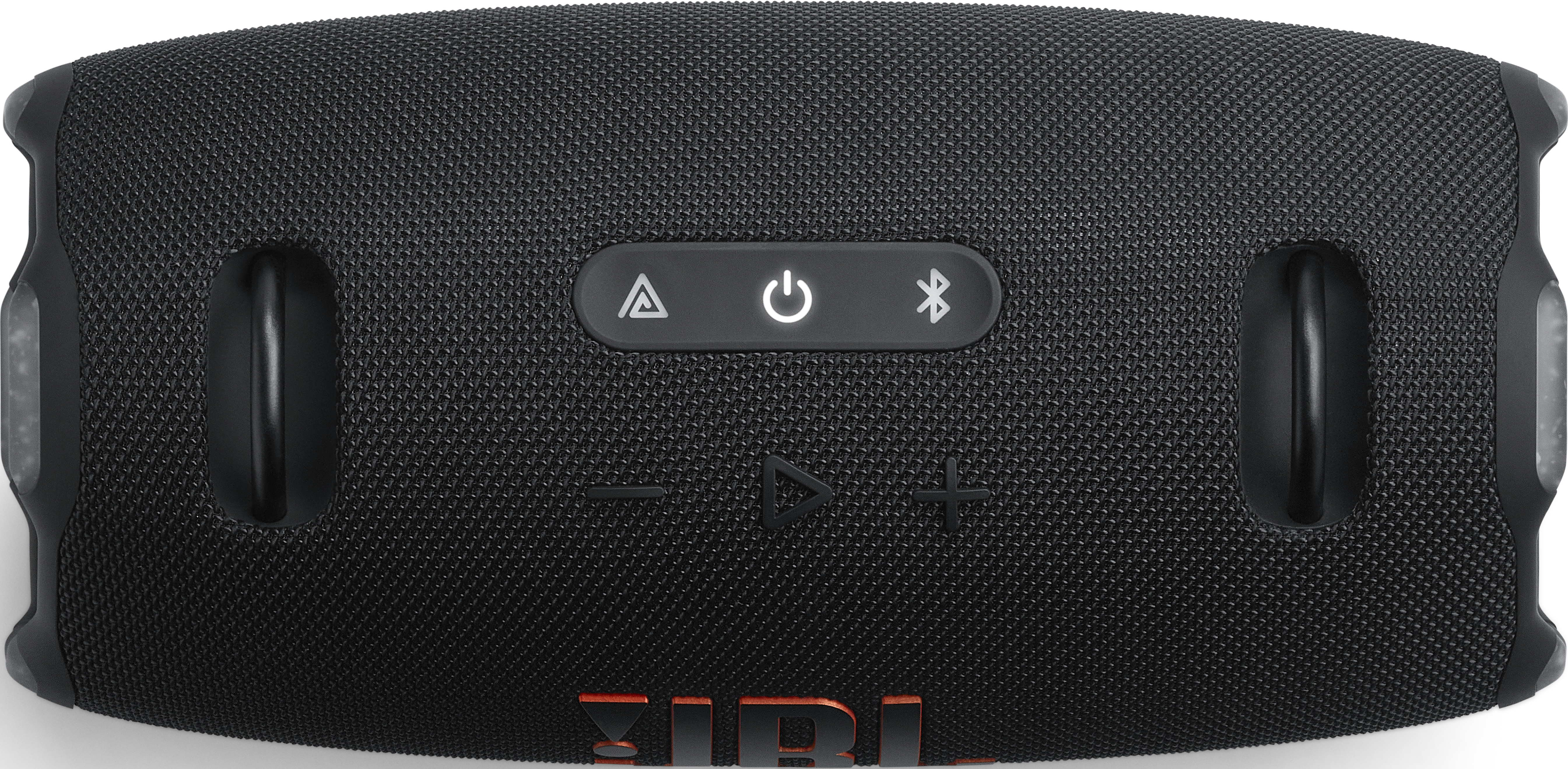 Altoparlante JBL nero, vista dall'alto. Controlli: accensione, Bluetooth, volume. Design minimalista.