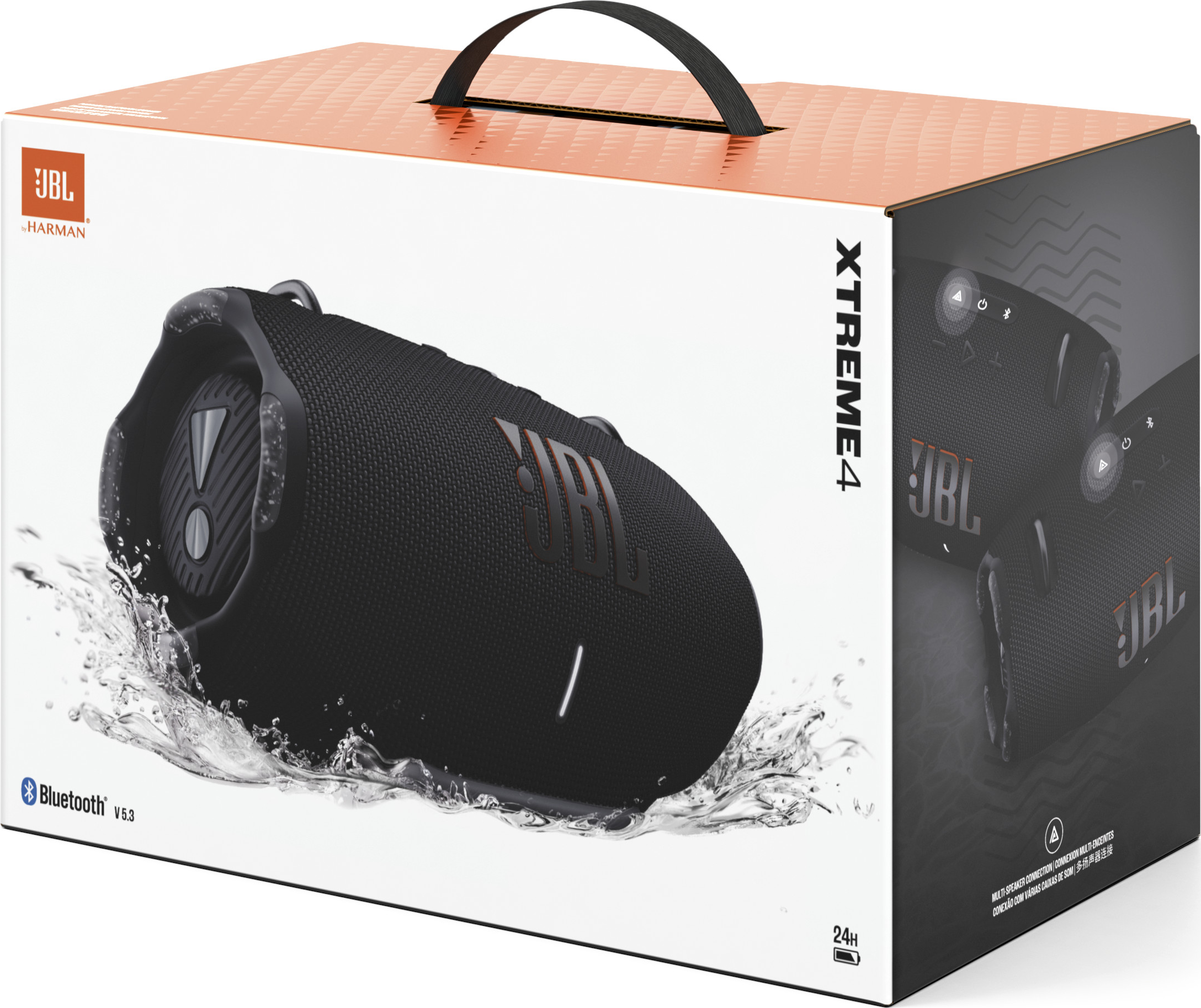 Altoparlante JBL Xtreme 4 in una scatola. L'acqua schizza intorno all'altoparlante. Logo Bluetooth.