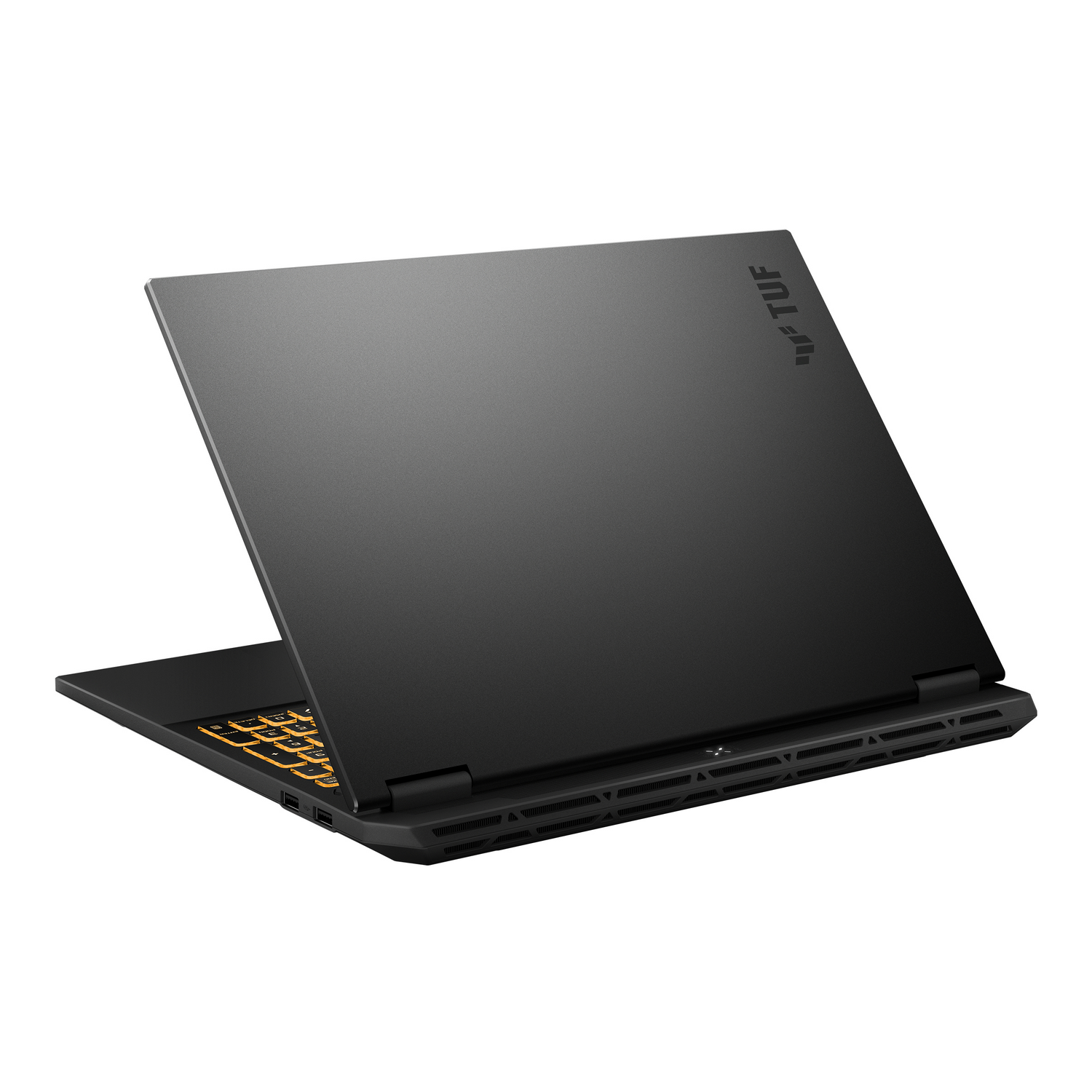 Un portátil negro desde atrás, ligeramente abierto, con teclado iluminado en amarillo. El logotipo está en la tapa.