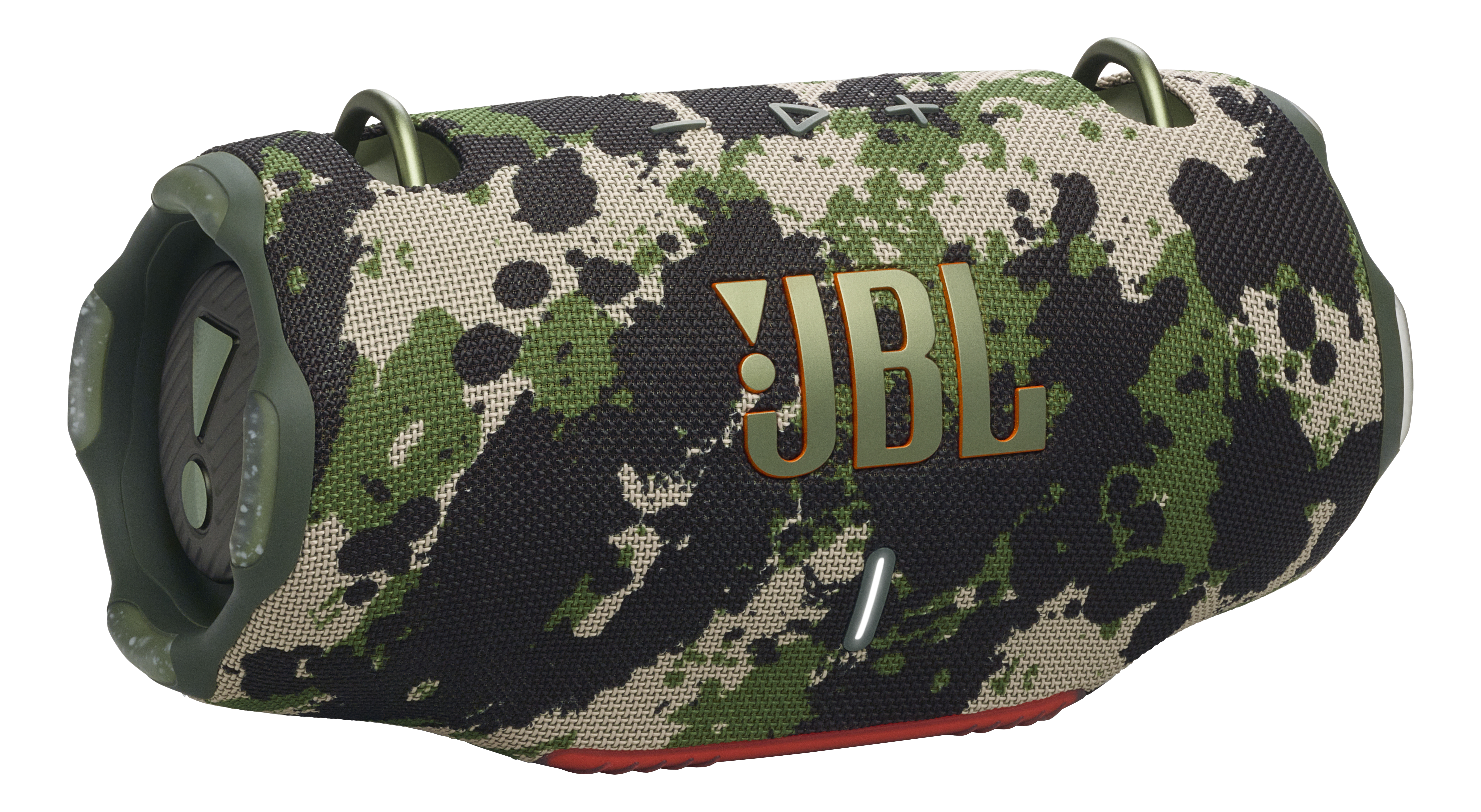 Un haut-parleur JBL avec motif camouflage, gros plan.