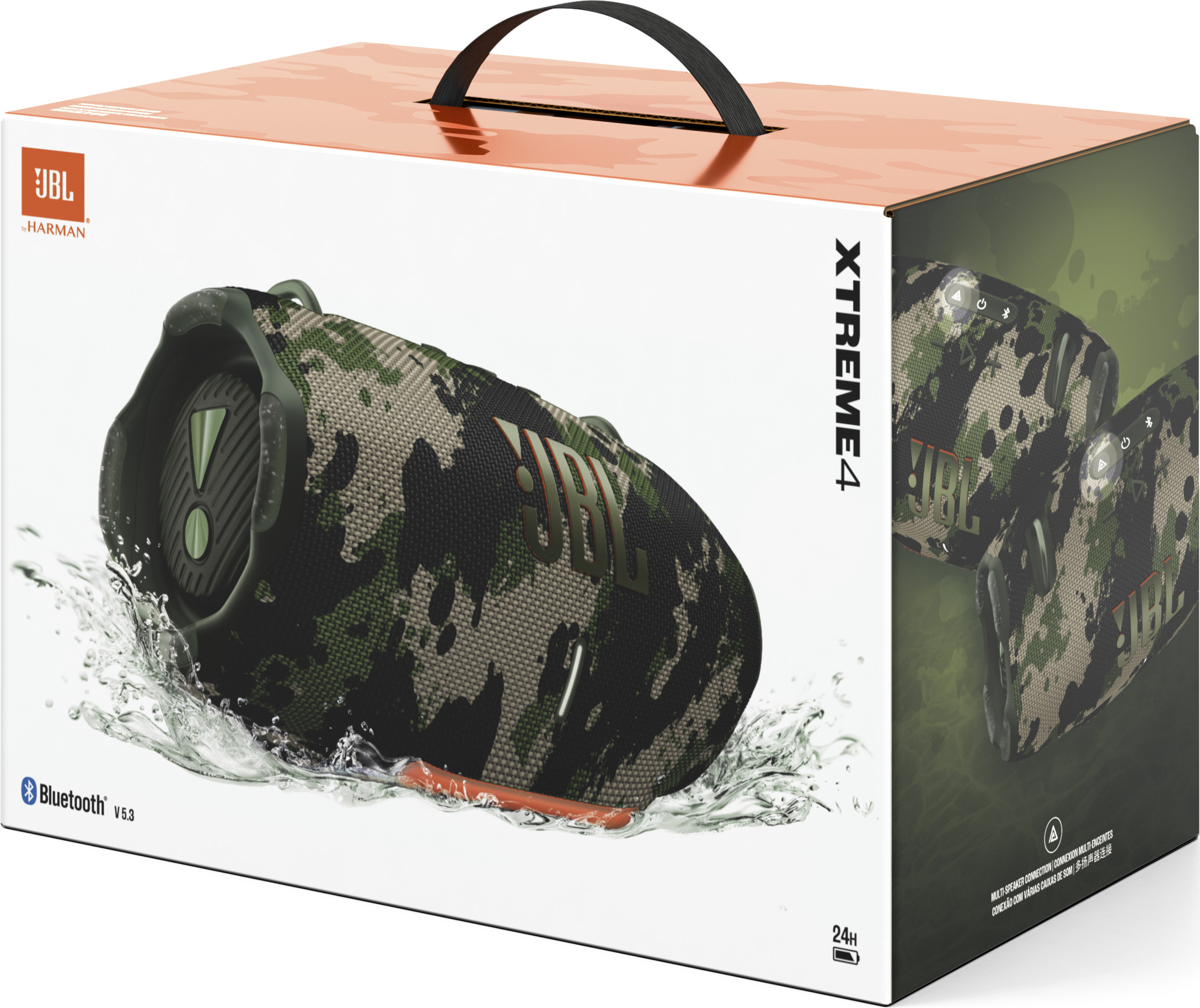 Une boîte JBL Xtreme 4 avec un haut-parleur placé dans l'eau. Le design est camouflage.