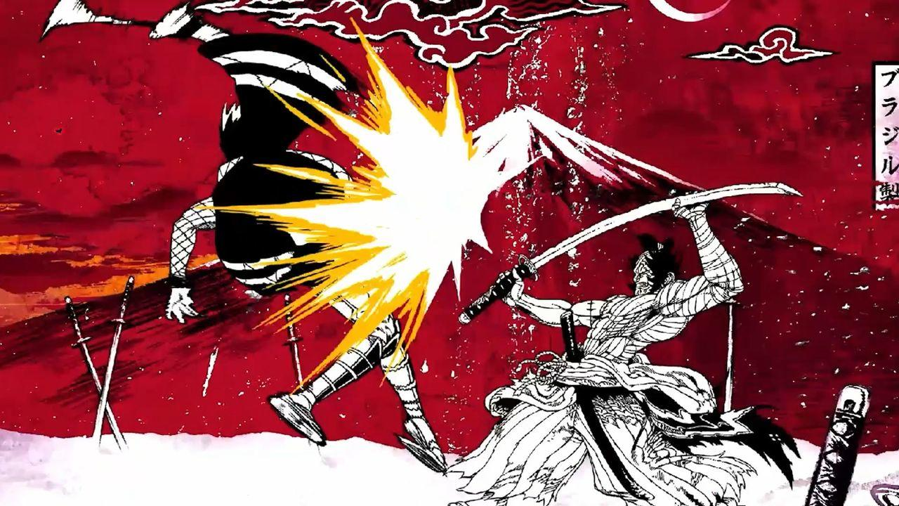 Zwei Samurai im Kampf, dynamische Szene, roter Hintergrund, japanische Kunst.