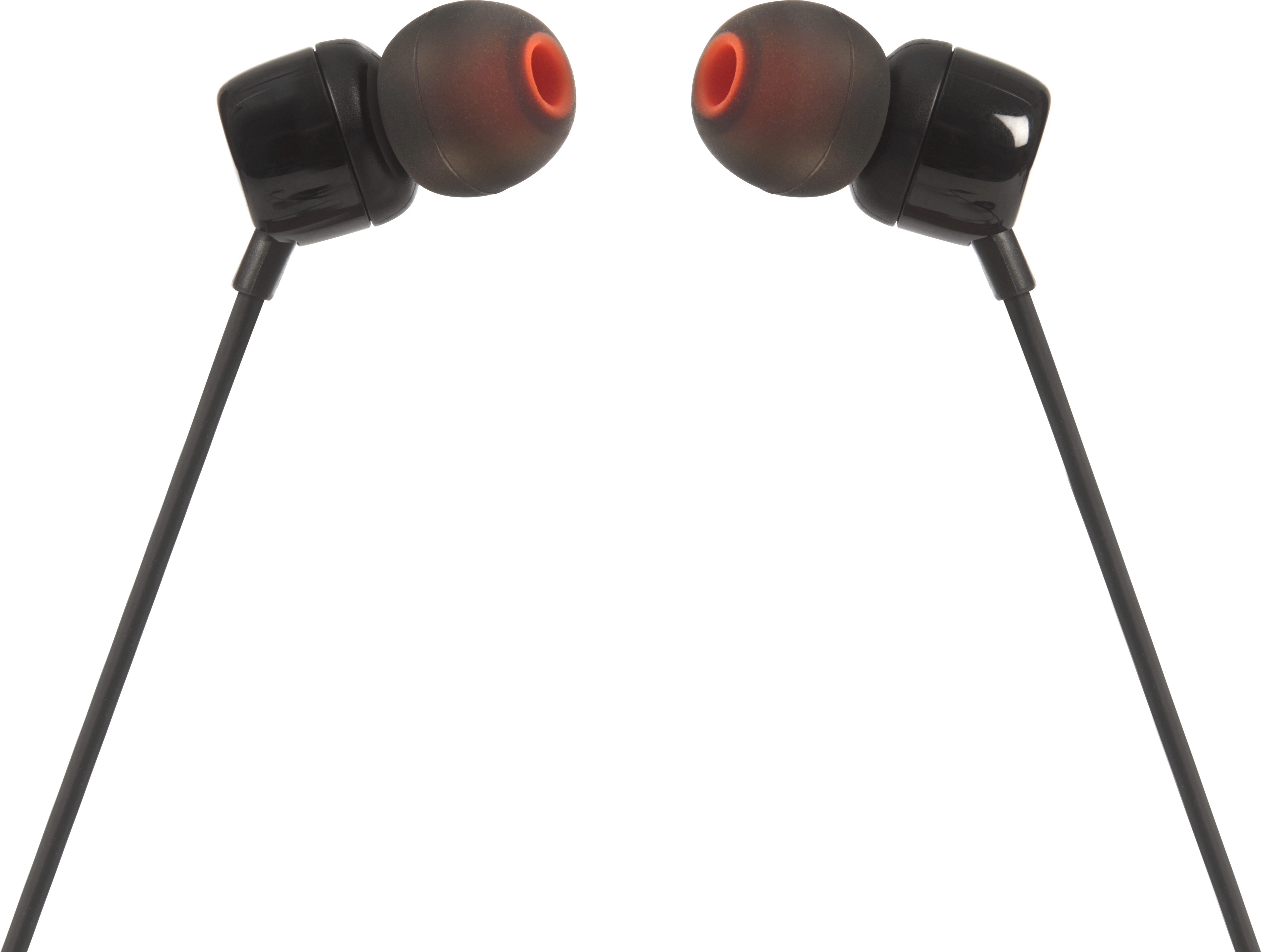 Zwei schwarze JBL-Ohrhörer mit roten Ohrstöpseln, Nahaufnahme auf schwarzem Hintergrund.