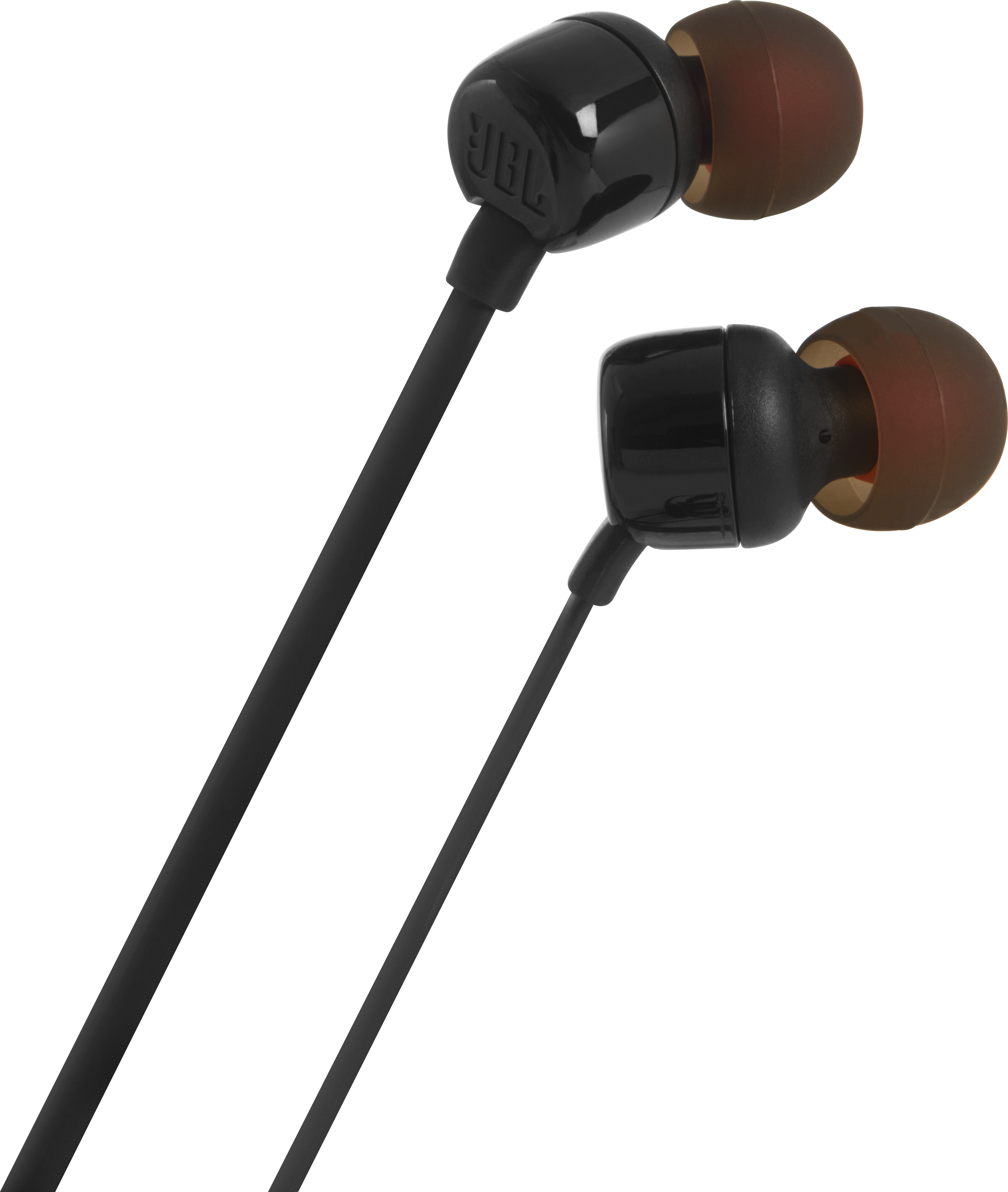 Schwarze In-Ear-Kopfhörer mit schwarzen Kabeln. Die Ohrhörer haben orangefarbene Spitzen.